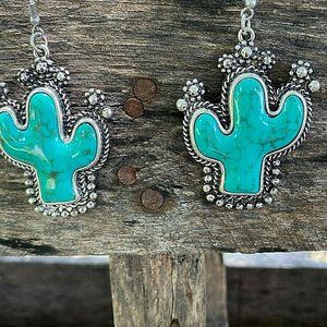 Saguaro Cactus Turquoise Silver Dangle Earrings